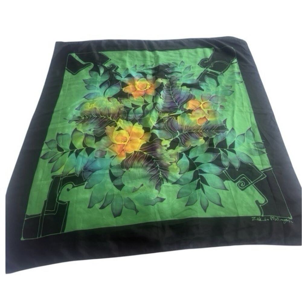 Artist Signed Hand Painted Silk Scarf Large Square Green Floral Wearable Art 34” - Picture 3 of 4
